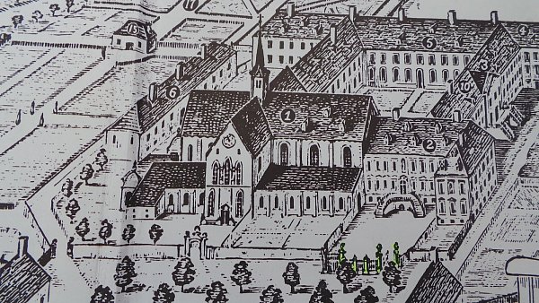 Blick zurück: Dieser alte Stich zeigt, wie das Kloster im Mittelalter aussah. Vor der Kirche befand sich bis etwa 1820 ein Kreuzgarten. - © Richard Zelenka