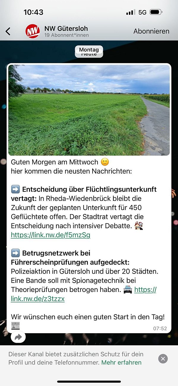 So sieht der Whatsapp-Kanal der NW Gütersloh aus. Oben rechts können Nutzer des Messenger-Dienstes auf "Abonnieren klicken". - © Danielle Dörsing