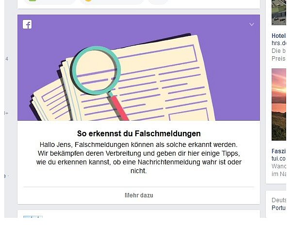 Facebook startet eine Kampagne zum Thema Falschmeldungen. - © Screenshot Facebook
