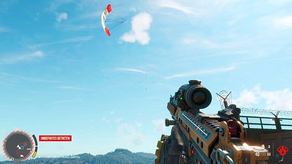 Einer der wenigen Fehler, die wir entdeckt haben: ein starr am Himmel hängender Fallschirm. Vielleicht ist es aber auch yaranische Kunst. - © Ubisoft