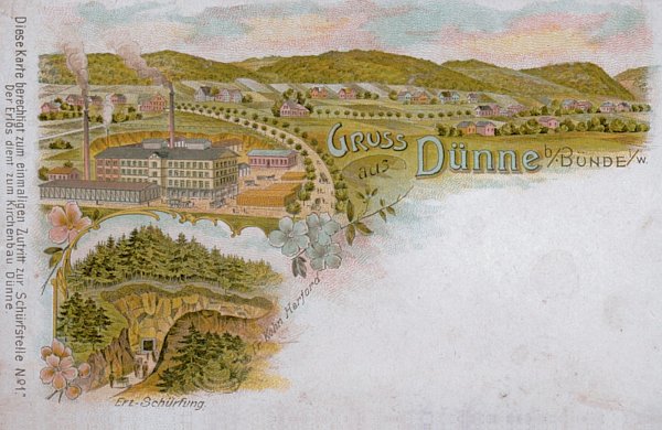 Postkarte.jpg: Benefizaktion zur Gunsten des Baus der Dünner Kirche. Vor 1904 ausgegebene „Eintrittskarte“ mit Darstellung einer nicht genauer beschriebenen Kleinzeche unten links. "Erz-Schürfung"
(Abbildung: Privat im Archiv Militzer) - © Meiko Haselhorst