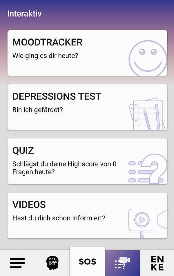 Unter der Rubrik "Interaktiv" können Despressions oder Stimmungstests durchgeführt werden. - © Screenshot