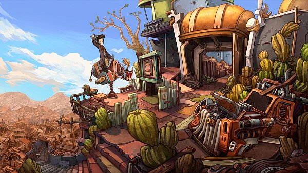 "Deponia" besticht mit handgemalten Grafiken und Zeichentrick-Animationen im Comic-Stil. Hier beispielsweise wird Rufus achtkantig von einem Rodeo-Bullen geschleudert. - © Daedalic Entertainment