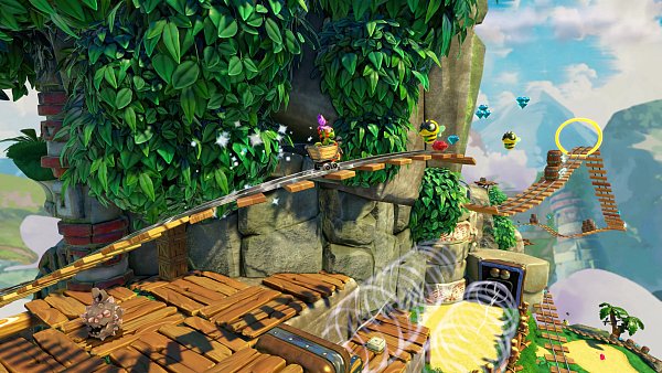 Und die nächste Fahrt geht rückwärts! In "Yooka-Replaylee" sind wir bei unseren Abenteuern zum Teil auf schwindelerregenden Plattformen unterwegs und sammeln dabei noch mehr Pagies. - © Playtonic Games