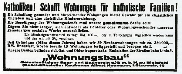 Die Kirche immer im Blick: Wer an der Weddigenstraße in der "Engelsburg" lebt, muss nicht lange schauen, um die katholische Liebfrauenkirche zu entdecken. Die Anzeige stand 1929 in der Zeitung. - © Kurt Ehmke