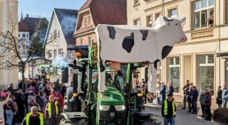 Beim Karnevalszug am Rosenmontag: Peckelsheim treibt die Kuh durchs Dorf