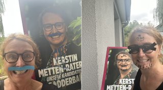 Bielefelder Politikerin mit Humor stellt ihre beschmierten Wahlplakate nach
