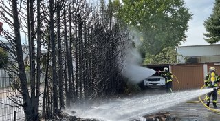 15-Meter-Hecke in Leopoldshöhe brennt: Feuerwehr verhindert Übergreifen auf Garage
