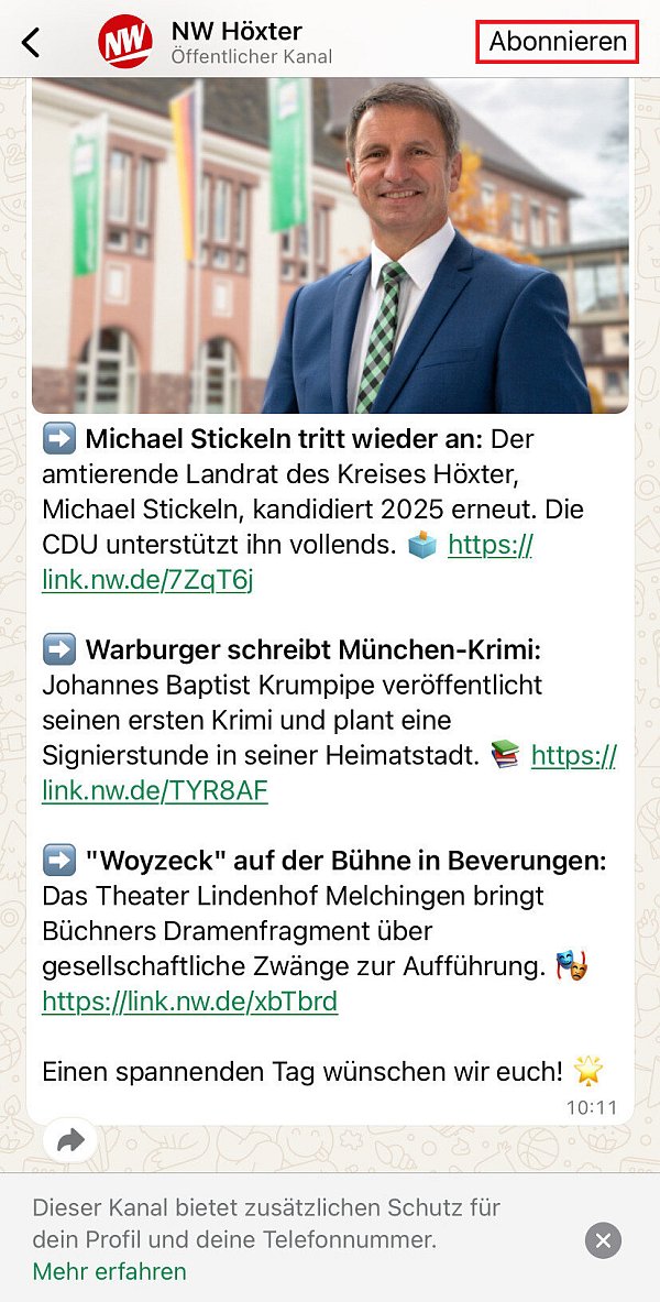 Die Ansicht des Whatsapp-Kanals der NW Höxter. Sie können als Nutzer des Messenger-Dienstes auf "Abonnieren klicken", hier rot umrandet. - © Marc Schröder