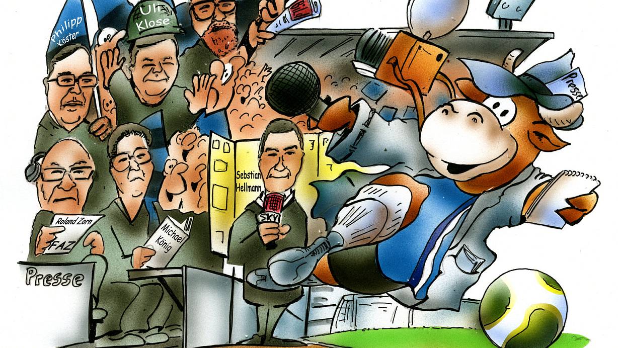 Ihr Herz schlägt für den DSC: Ob auf der Pressetribüne oder im Fan-Block, viele Sportexperten werden heute Abend dabei sein. Maskottchen Lohmann drückt auch die Daumen. | © CARTOON: HEINRICH SCHWARZE