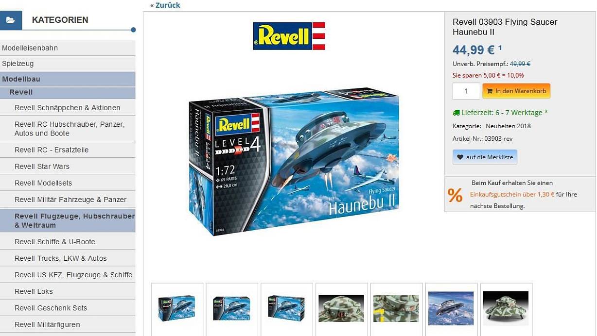 Das Nazi-Ufo gibt es im Maßstab 1:72 zu kaufen. | © besserepreise.com