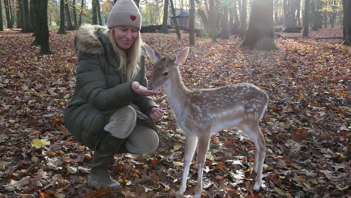 Nicole Gröger füttert den zutraulichen Linus im Gehege mit Bucheckern. | © Elke Niedringhaus-Haasper