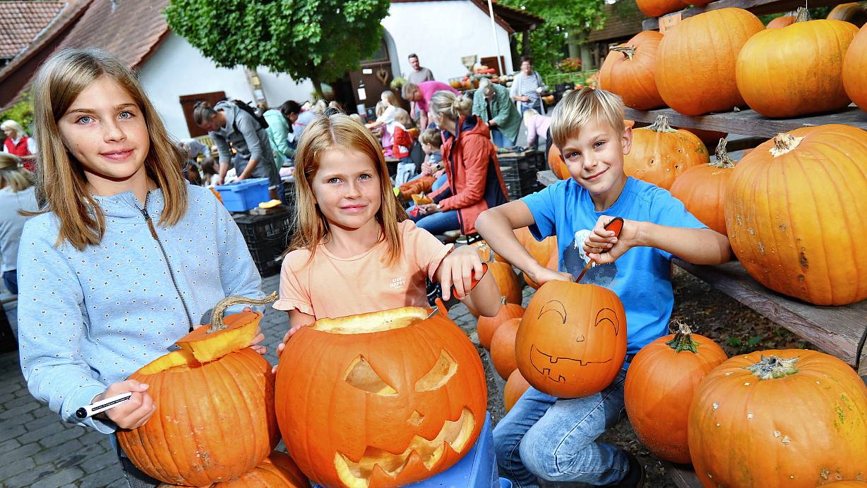 Mit Schablone und Schnitzwerkzeug bearbeiten Carla (12, v.l.), Frida (8) und Findan (8) ihre Halloween-Kürbisse. Wenn das Wetter mal nicht so schön ist wie an diesem Tag, wird das in die Schneune (im Hintergrund) verlegt. | © Barbara Franke