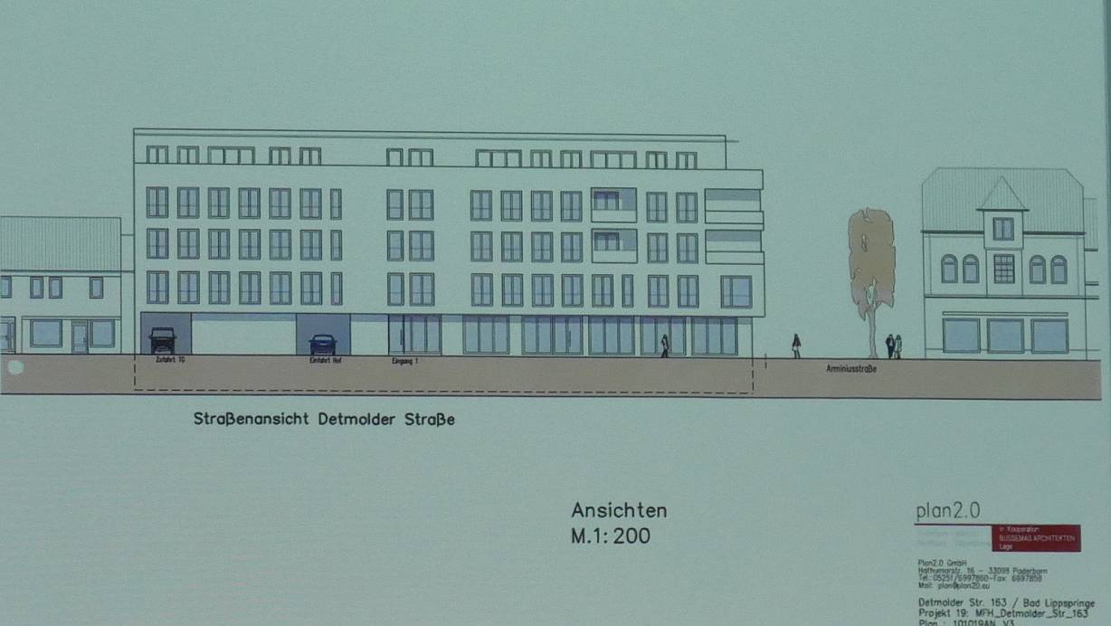Eine Entwurfszeichnung zum neuen Wohn- und Geschäftshaus an der Detmolder Straße 163 wurde erstmals im Bauausschuss vorgestellt. | © Klaus Karenfeld