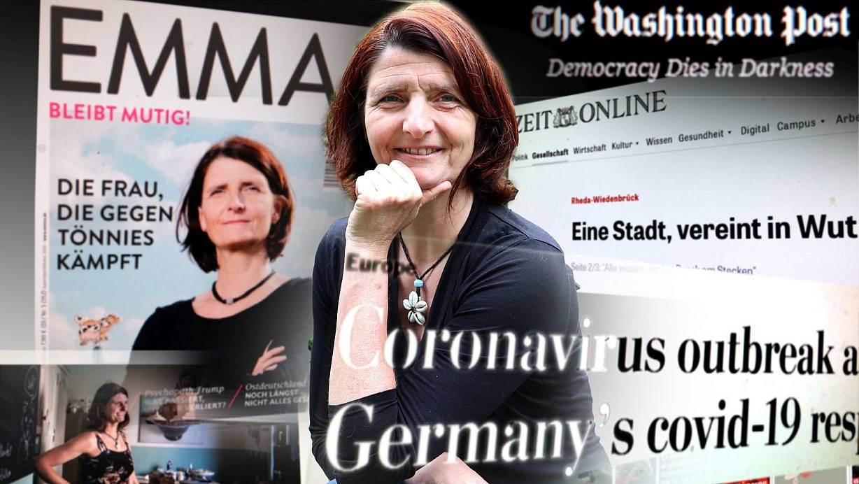 Mit dem Corona-Ausbruch bei Tönnies waren nationale und internaionale Journalisten plötzlich sehr an Inge Bultschnieder interessiert. Mit der Interessengemeinschaft "Werkfaiträge" engagiert sie sich seit neun Jahren für Werkvertragsarbeiter. | © Marion Pokorra-Brockschmidt/Montage: Andreas Frücht