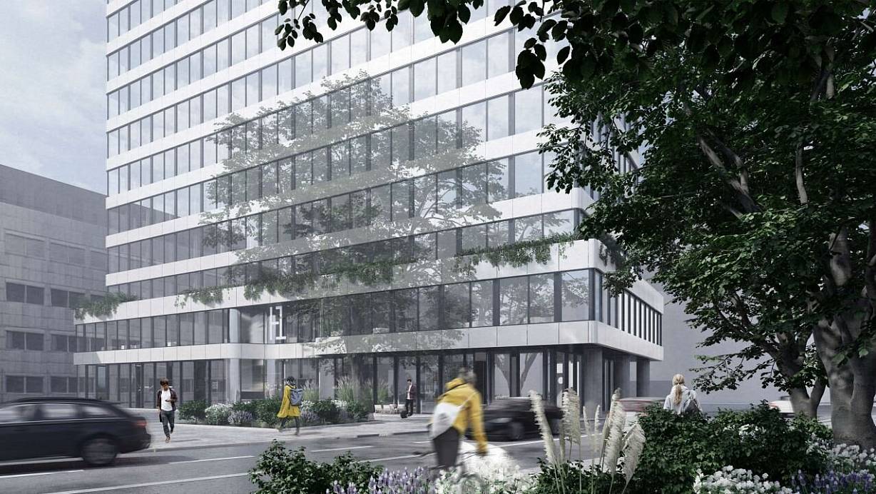 Eine Visualisierung (August 2022) zeigt, wie das fertige H1 aussehen soll. Aktuell ist das Erdgeschoss noch im Rohbau. Hier werden in Zukunft nicht nur Büros einziehen. | © Goldbeck