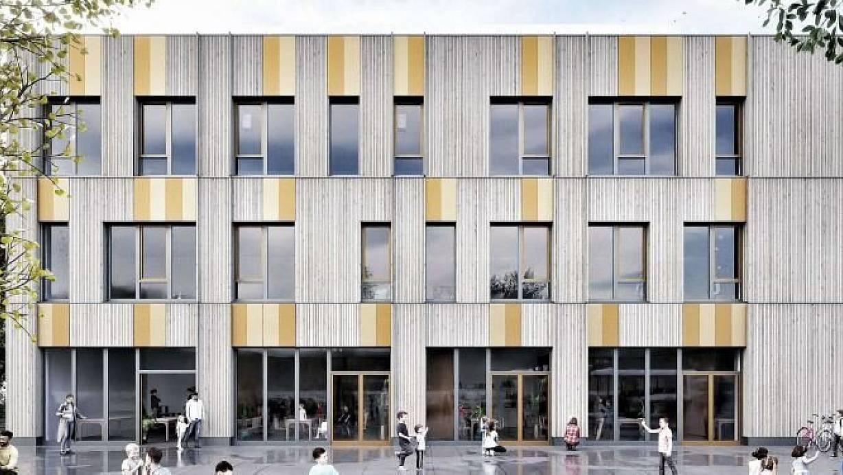 Orange Platten in grauem Holz: So wird das neue Gebäude aussehen, wenn sich die Schule für den Farbton "Riga" ausgesprochen hat. | © Stadt Gütersloh