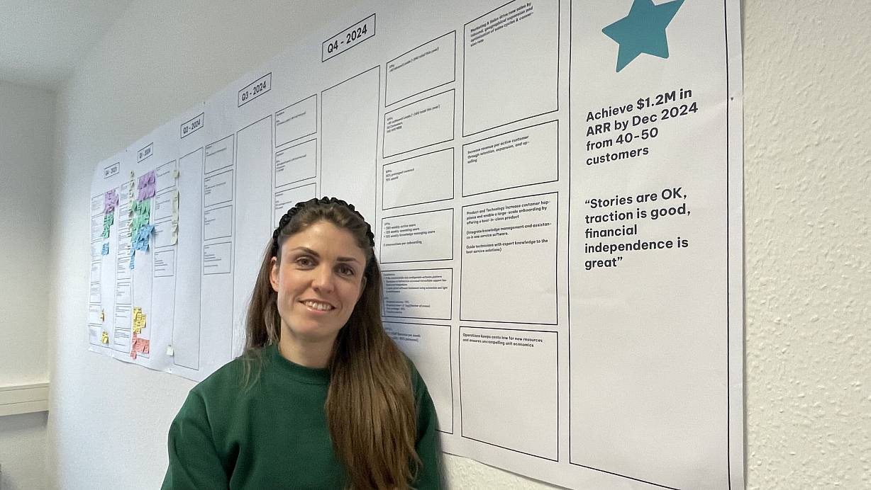 Ziele werden beim Heforder Start-up "Findiq" auf großformatigen Papierbögen mutig visualisiert. Im Dezember möchte Mitgründerin Sina Kämmerling mit ihrem Team im besten Fall einen Jahresumsatz von 1,2 Millionen Euro erreicht haben. | © Natalie Gottwald