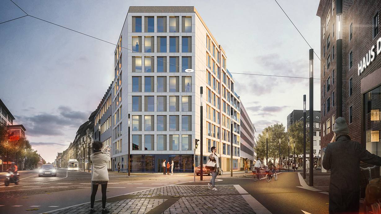 So pr&auml;sentiert sich k&uuml;nftig das von "bhp" gestaltete "WilhelmEins" vom Jahnplatz aus: Mit einer Fassade aus hellem Kalkstein und raumhohen Fenstern. | &copy; bhp Architekten