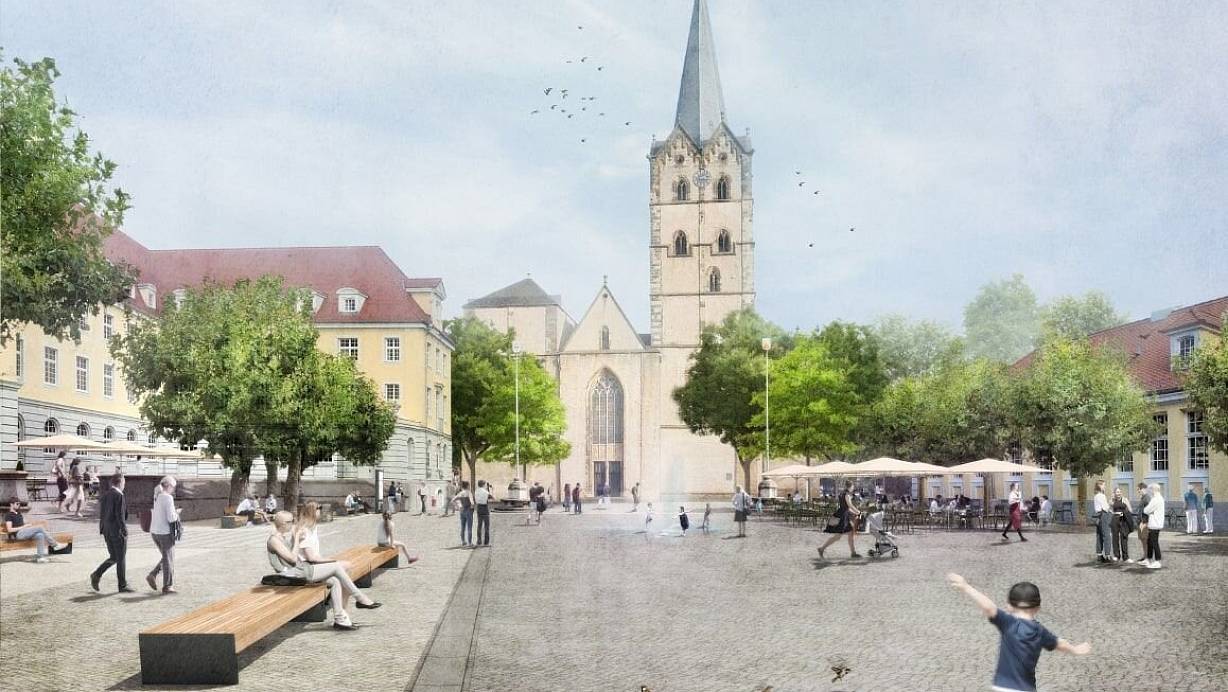 So könnte der Rathausplatz nach dem Umbau aussehen - mit einem Wasserspiel im Hintergrund, breiteren Streifen vor dem Rathaus und der Markthalle und Bäumen rechts und links vor der Münsterkirche. | © TPG Landschaftsarchitekten