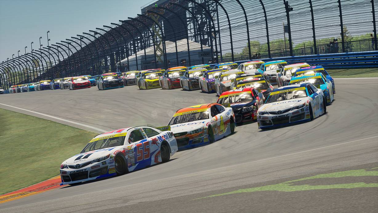 Packende Rennaction bei „NASCAR 25“: Die neonfarbenen Boliden liefern sich ein spannendes Kopf-an-Kopf-Rennen auf der Strecke. | © iRacing