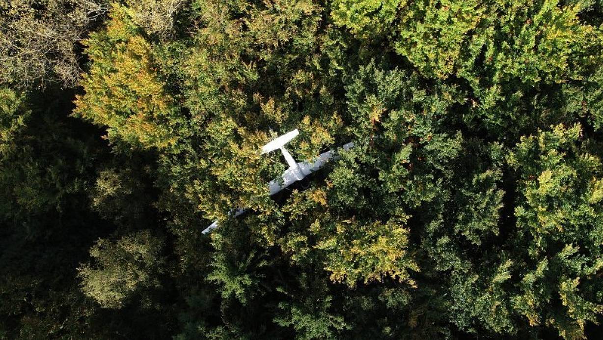Zwei Tage nach der spektakulären Rettung eines Piloten und seiner Begleiterin hing deren Segelflugzeug am Montag noch immer in Baumkronen bei Porta Westfalica. | © Alex Lehn