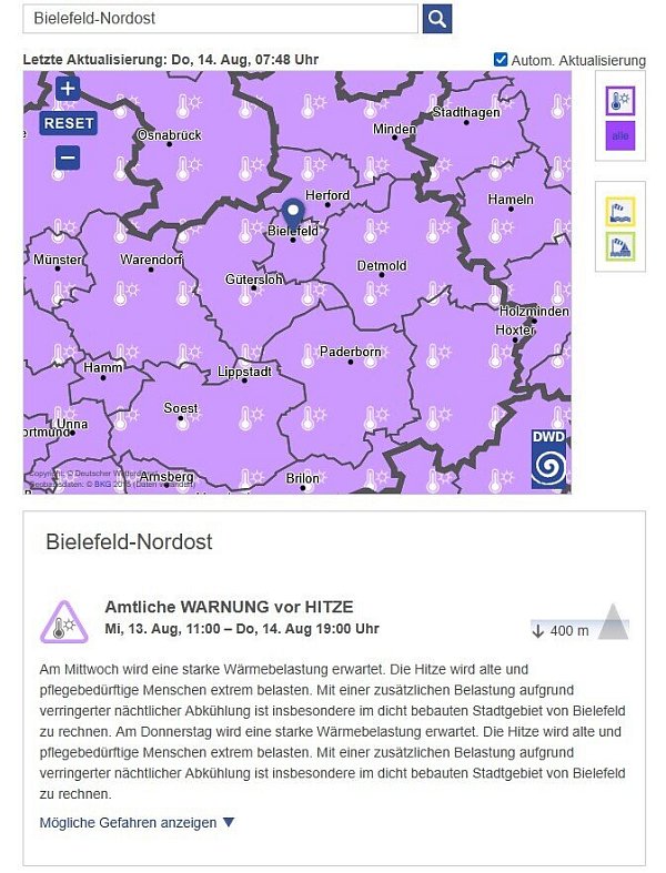 Die Hitzeentwicklung am 14. August, dargestellt vom Deutschen Wetterdienst. - © Screenshot DWD/cpa
