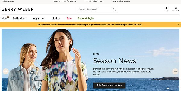 Mittlerweile ist auch über die E-Gerry Weber Digital GmbH das Insolvenzverfahren öffnet worden. Und der Online-Shop von Gerry Weber ist weiterhin nicht aktiv. - © Screenshot: Nicole Donath
