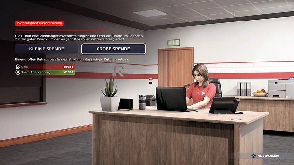 Gelegentlich werden wir im „My Team"-Modus mit Firmenevents konfrontiert, die uns als Teamchef gewisse Entscheidungen abverlangen. Dabei geht es mal um lustige Freizeitthemen, aber auch um ernste Personalbelange. - © EA Games