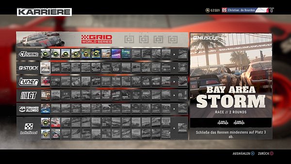 Wir nennen es "die Wand der Rennen": So sieht der Überblick über die rund 100 Events aus, in denen wir antreten müssen, um der wahre Grid-Meister zu werden. - © Codemasters