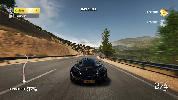 On the road again: Wir sitzen als Clarkson am Steuer und haben nur noch drei Prozent der Strecke vor uns, also ziemlich gute Siegchancen. Das ist aber nicht immer ganz leicht. - © Amazon Games