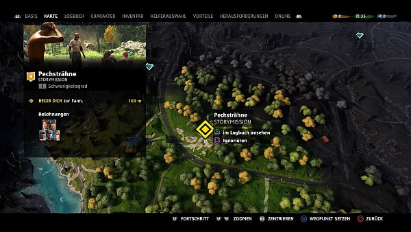 Die Kartenansicht: Hier können wir die Missionen auswählen. Die Schwierigkeit rangiert von Level 1 bis 3.