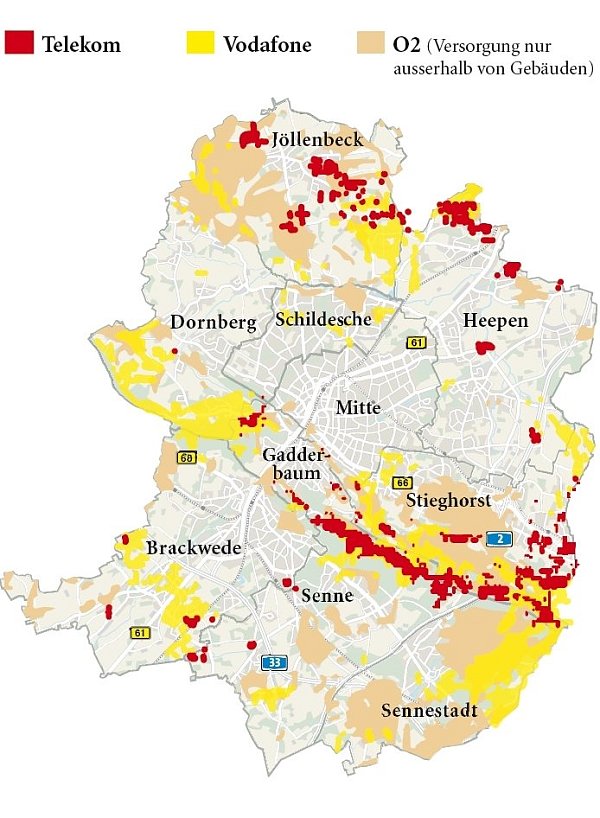 Bereiche ohne Mobilfunkstandard LTE: Die farblich markierten Felder zeigen die Funklöcher in Bielefeld. - © Jürgen Schultheiß