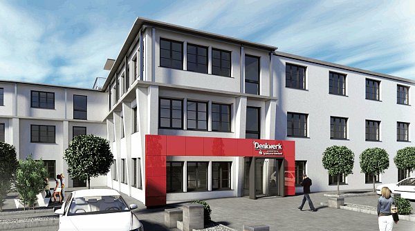 Die künftige Außenansicht: Der rote Rahmen soll deutlich machen, dass hier ein Kreditinstitut mitdenkt. - © bmm