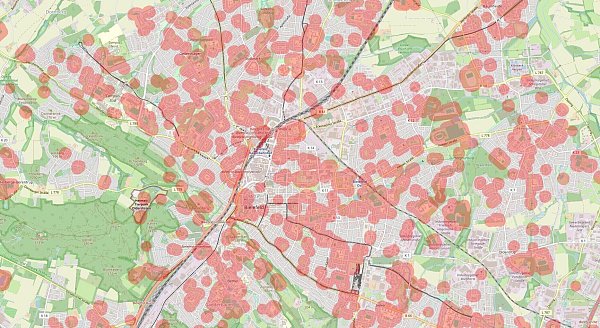 Die Bubatzkarte zeigt viele rote Punkte in der Bielefelder City. - © Bubatzkarte/bubatzkarte.de
