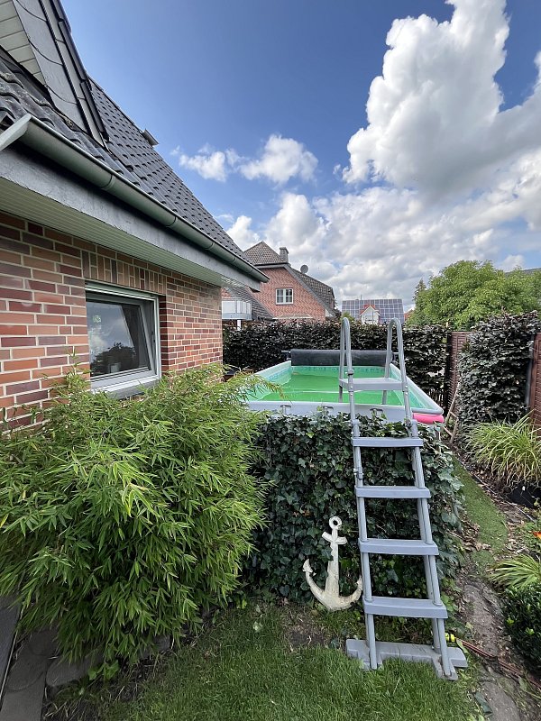 Ein Highlight: der Pool hinterm Haus mit Leiter zum Einsteigen. Sina Corsmeyer-Quibeldey hat den vorderen Teil des Pools mit dunkelgrünen Ranken eingefasst. - © Lena Vanessa Bleck