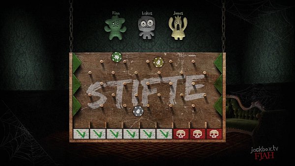 Wo lässt man oben am besten seine Münze fallen, damit sie unten nicht in einem der Totenkopf-Felder landet? So einfach, wie das hier aussieht, ist es leider nicht. - © Jackbox Games