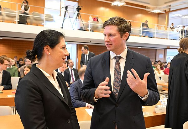 Florian Toncar und Katja Hessel (beide FDP) warten im Bundesverfassungsgericht im Sitzungssaal als Beschwerdeführer auf den Beginn der mündlichen Verhandlung in Sachen Solidaritätszuschlag. - © Uli Deck/dpa