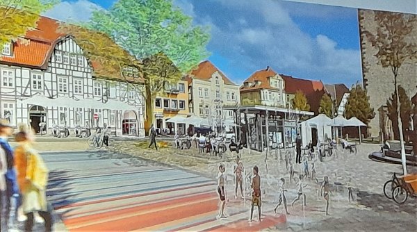 So können sich die Stadtplaner den Warburger Neustadtmarktplatz vorstellen – für die Autos wird anderswo Stellfläche sein. - © Simone Flörke