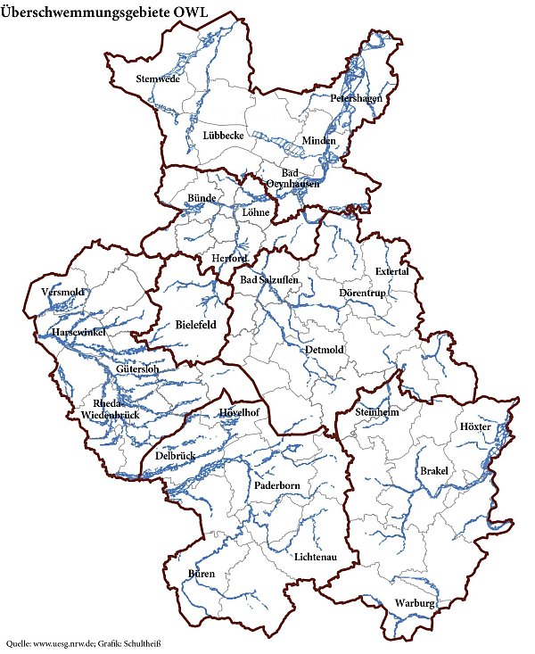 In OWL gibt es zahlreiche Stellen, die bei Dauerregen und Hochwasser potenziell überflutet werden. - © Grafik: Jürgen Schultheiß