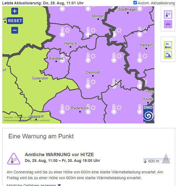 So sieht die Hitzewarnung des DWD aus. - © Screenshot NW
