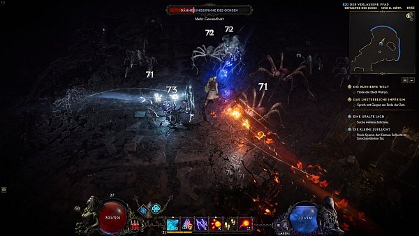 Dank des komplexen Klassensystems können wir uns einen Charakter bauen, der zu unserem Spielstil passt. Hier teilt unser Runenmeister gerade mächtig gegen lästige Riesenspinnen aus. - © Eleventh Hour Games