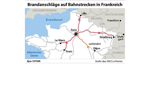 Die Täter schlugen aus allen Himmelsrichtungen zu. Dreimal gelang ihnen eine Sabotage, einmal konnte sie verhindert werden. - © Grafik: P. Massow, Redaktion: J. Schneider