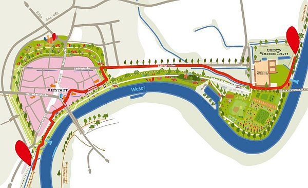 Die neue rot markierte Umleitung für Radfahrer in Richtung Corvey. - © LGS 2023 Höxter/Fien design
