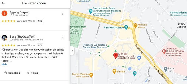Beiträge aus den vergangenen sieben Tagen sind nicht mehr zu finden. Ein Nutzer hat in einer Rezension eines Restaurants in Kiew aber schon vorher sein Mitgefühl für die Ukrainer ausgesprochen. - © Screenshot: Jemima Wittig