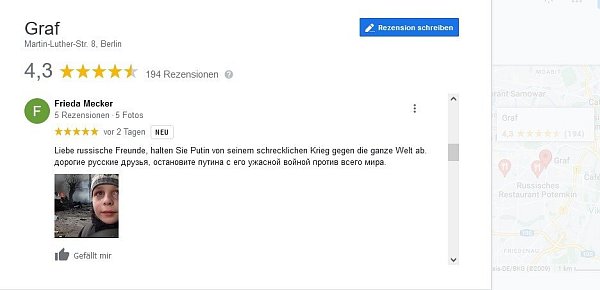 Auch in Rezensionen von russischen Restaurants in Deutschland versuchen sich Nutzer an die russische Bevölkerung zu wenden. - © Screenshot: Jemima Wittig