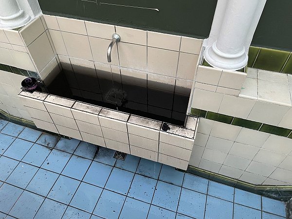Vermutlich mit Blumenerde wurde das Ablaufbecken in der Liborius-Trinkhalle verstopft. - © Stadt Bad Lippspringe