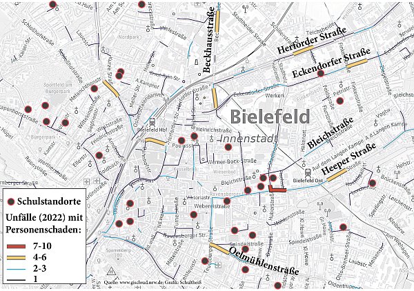 Die Karte zeigt, dass sich besonders im Bereich der Bielefelder Innenstadt die Unfallschwerpunkte in der Nähe von Schulen häufen. - © Jürgen Schultheiß
