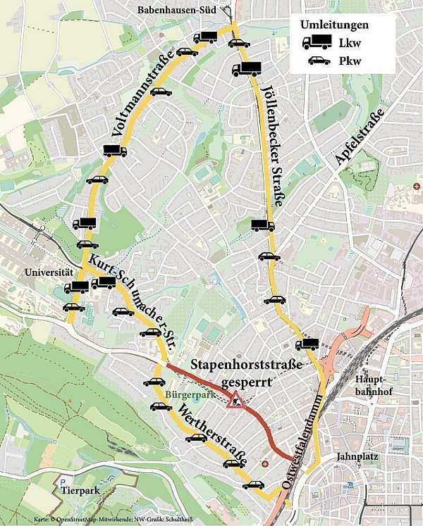 Baustelle Stapenhorststraße: Das sind die Umleitungsstrecken. - © Grafik: Jürgen Schultheiss