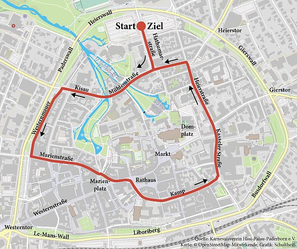 Die Route der Karnevalsparade in Paderbon 2024. - © Schultheiß / NW